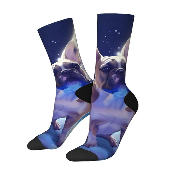 KLL Night Sky Winged French Bulldog Print Cool Socks Men's Women's Crew Socks Funny Crazy Novelty Stockings