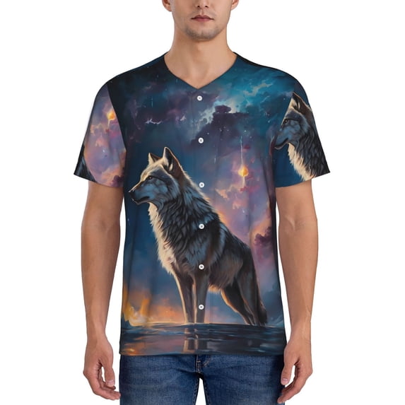 KLL Night Sky Wolf for Men's Baseball Shirts,Short Sleeve Casual Shirts Button Down Shirt for Men Beach Summer Wedding Shirt-3X-Large