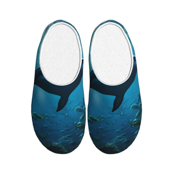 KLL Ocean Dolphin Fish School Pattern Adult Unisex Cozy Slippers,Fuzzy Slip-on Slippers TPR Sole Slippers Comfort Plush Home Footwear for Indoor & Outdoor-35/36