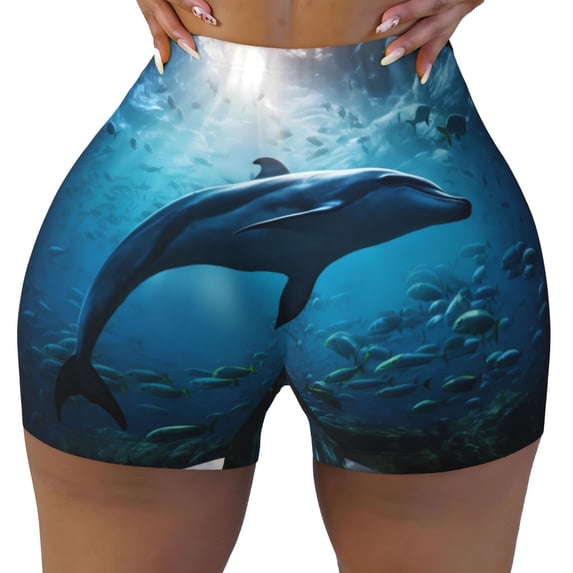 KLL Ocean Dolphin Fish School Pattern Workout Shorts for Women Scrunch Short Gym Yoga Running Sport Active Exercise Fitness Shorts