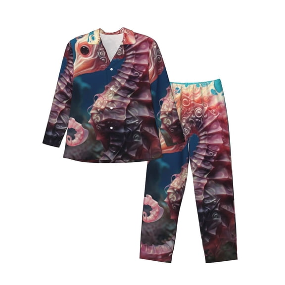 KLL Ocean Seahorse Sleepwear Mens Flannel Pajamas,Long Cotton Pj Set
