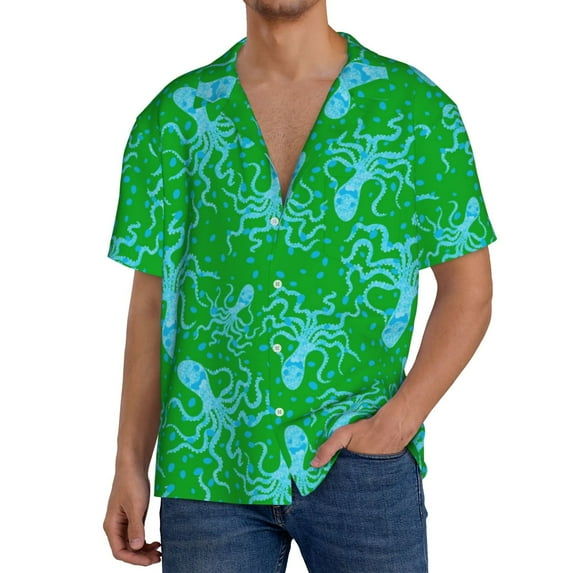 KLL Octopus1 Print Men's Shirt Short Sleeve Button Down Summer Cuba Beach Shirts- 4X-Large