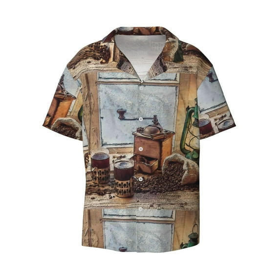 KLL Oil Lamp Coffee Beans Print Men's Shirt Short Sleeve Button Down Summer Cuba Beach Shirts- XX-Large