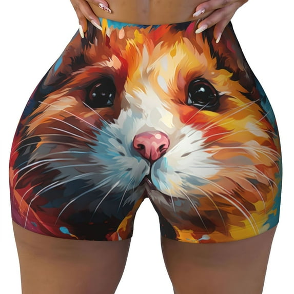 KLL Oil Painting Colorful Hamster Pattern Workout Shorts for Women Scrunch Short Gym Yoga Running Sport Active Exercise Fitness Shorts