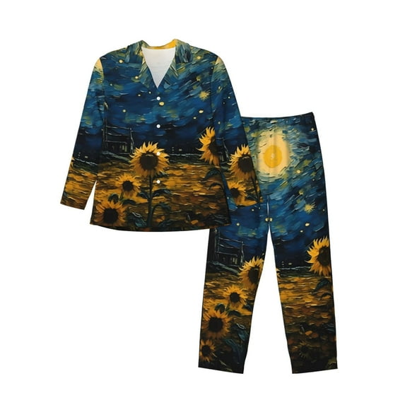 KLL Oil Starry Sky Sunflower Sleepwear Mens Flannel Pajamas,Long Cotton Pj Set