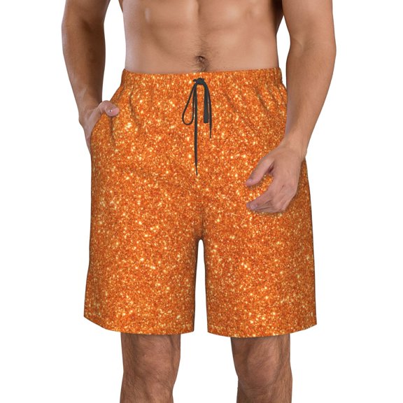 KLL Orange Glitter Men's Casual Summer Beach Shorts Hawaiian Shorts with Pockets-Small