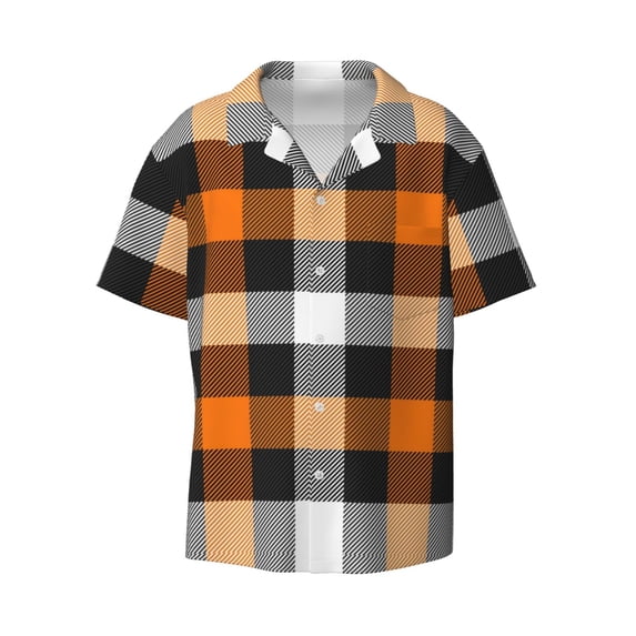 KLL Orange Plaid Print Men's Shirt Short Sleeve Button Down Summer Cuba Beach Shirts- X-Large