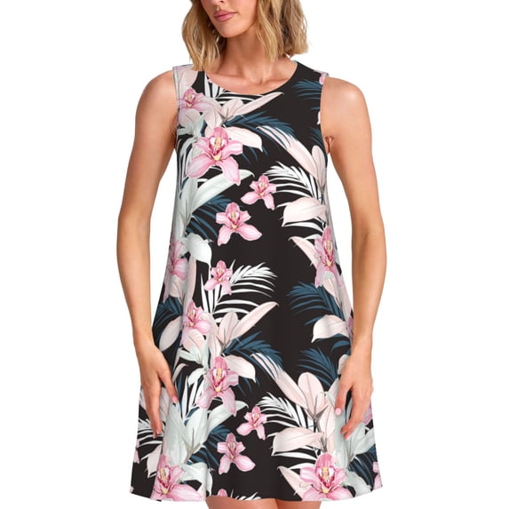 KLL Orchids Flowers Pattern Womens Summer Dresses 2025,Loose Round Neck Sleeveless Sundresses Tank Dresses with Pockets