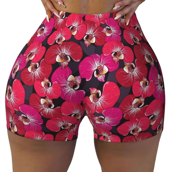 KLL Orchids Flowers Pattern Workout Shorts for Women Scrunch Short Gym Yoga Running Sport Active Exercise Fitness Shorts