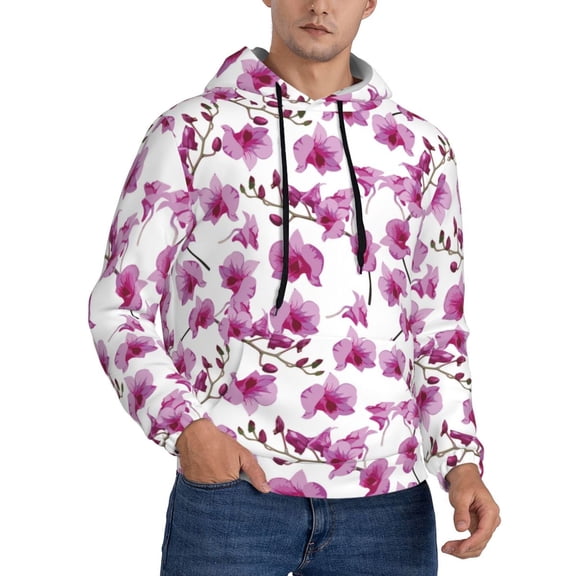 KLL Orchids Flowers Print Mens Hoodie Long Sleeve Casual Pullover Hooded Sweatshirt Fashion Drawstring Hoodies with Pocket-X-Large