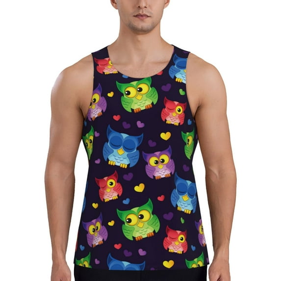 KLL Owls And Hearts Print Men's Muscle Gym Workout Stringer Tank Tops Bodybuilding Fitness T-Shirts Tank Tops Men-X-Large