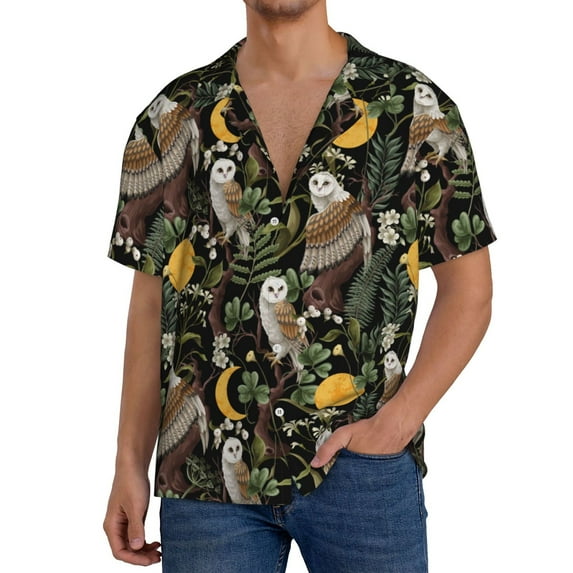 KLL Owls And Plants Print Men's Shirt Short Sleeve Button Down Summer Cuba Beach Shirts- 3X-Large