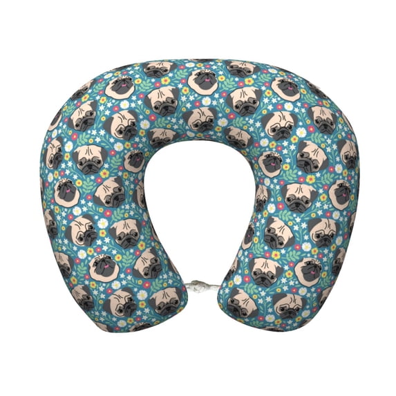KLL PUG HEAD And Flower Pattern Memory Foam Cervical Neck Pillow Versatile U-Shaped Pillows for Home/Office/Camping/Travelling/Soft Washable Cover
