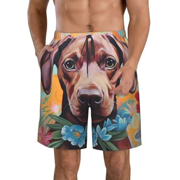 KLL Painted Flower Puppy Men's Casual Summer Beach Shorts Hawaiian Shorts with Pockets-Large