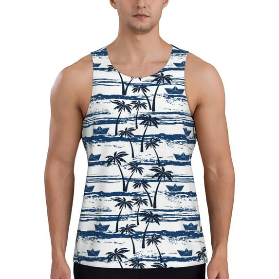 KLL Palm Tree Print Men's Muscle Gym Workout Stringer Tank Tops Bodybuilding Fitness T-Shirts Tank Tops Men-Medium