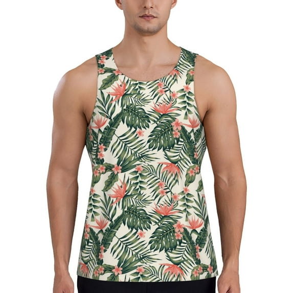 KLL Palm Trees and Tropical Print Men's Muscle Gym Workout Stringer Tank Tops Bodybuilding Fitness T-Shirts Tank Tops Men-X-Large