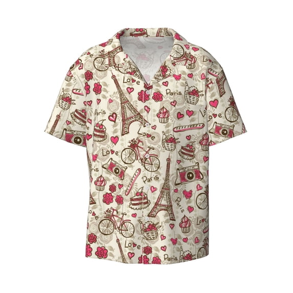 KLL Paris Vintage Print Men's Shirt Short Sleeve Button Down Summer Cuba Beach Shirts- XX-Large