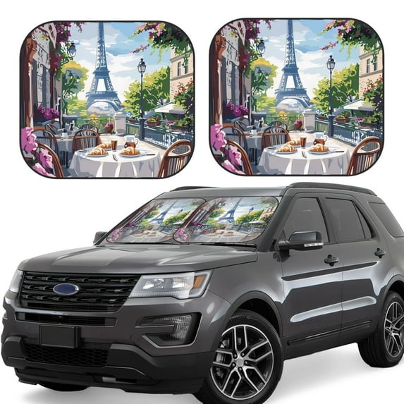 KLL Parisian Cafe With Eiffel Windshield Sun Shade 2-Piece Foldable Car Front Window Sunshade for Most Sedans SUV Truck- Small