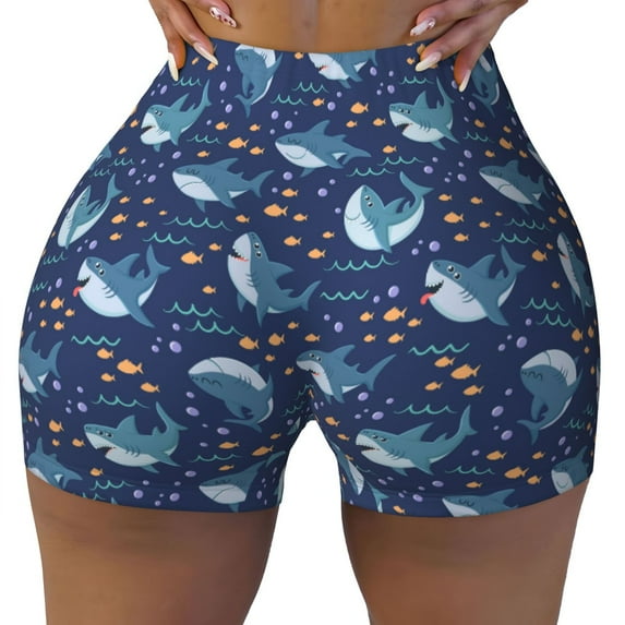 KLL Party Shark Cut Pattern Workout Shorts for Women Scrunch Short Gym Yoga Running Sport Active Exercise Fitness Shorts