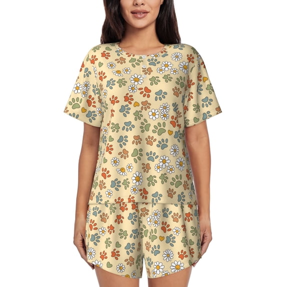 KLL Paw In Groovy Style Print Pajama Set for Women Short Sleeve Sleepwear Pjs Soft 2 Piece Lounge Sleepwear Sets-Medium
