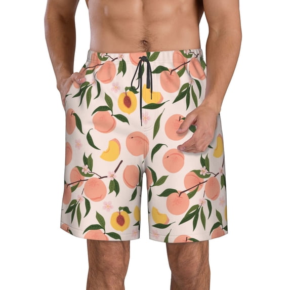 KLL Peach With Leaves1 Men's Casual Summer Beach Shorts Hawaiian Shorts with Pockets-Large