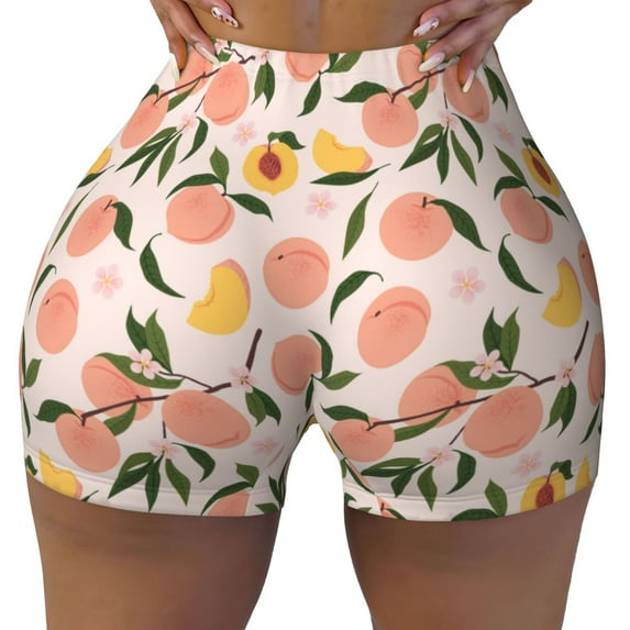 KLL Peach With Leaves1 Pattern Workout Shorts for Women Scrunch Short Gym Yoga Running Sport Active Exercise Fitness Shorts