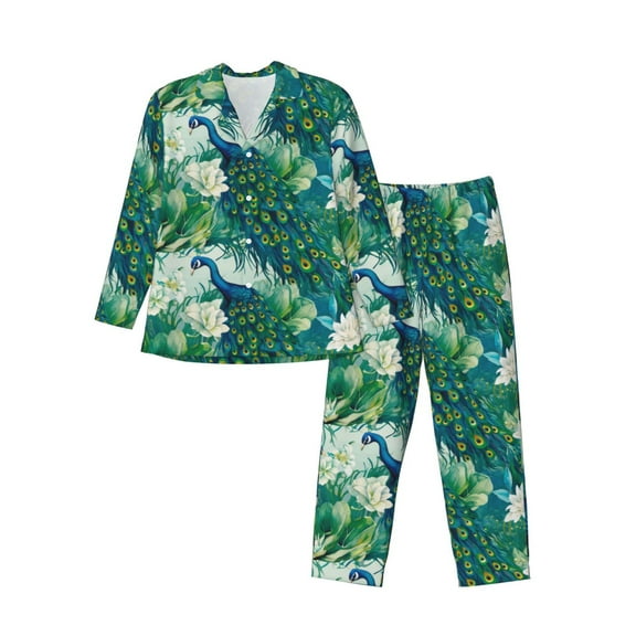 KLL Peacock And Flowers Sleepwear Mens Flannel Pajamas,Long Cotton Pj Set