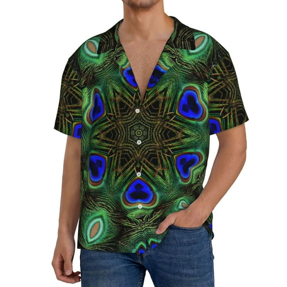 KLL Peacock Feathers Print Men's Shirt Short Sleeve Button Down Summer Cuba Beach Shirts- Large