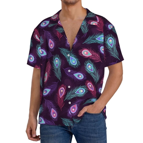 KLL Peacock Feathers3 Print Men's Shirt Short Sleeve Button Down Summer Cuba Beach Shirts- 3X-Large