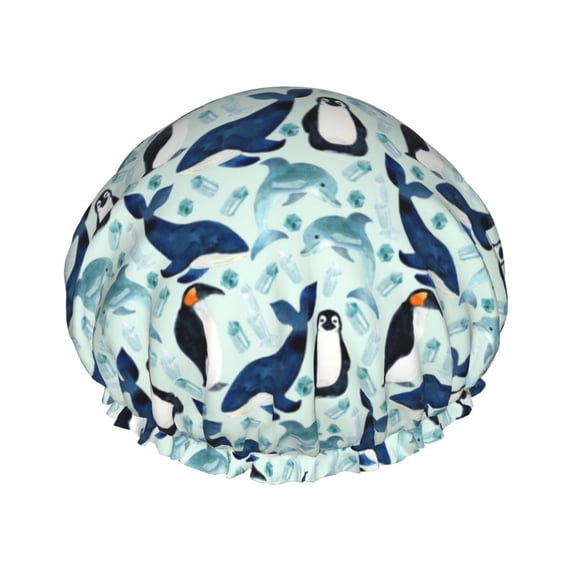 KLL Penguins Dolphins Whales Pattern Shower Cap & Bath Cap for Women,Reversible Oversized Waterproof Shower Caps for all Hair Lengths,Elastic Reusable Bathing Hair Cap
