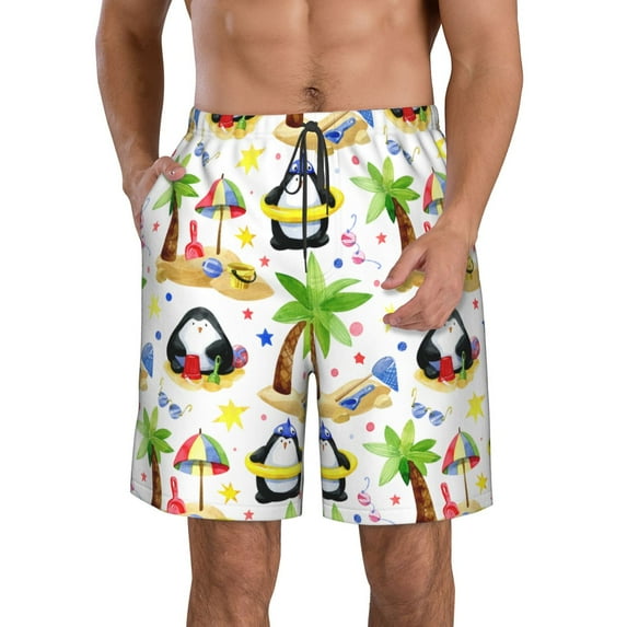 KLL Penguins On The Beach Men's Casual Summer Beach Shorts Hawaiian Shorts with Pockets-Large