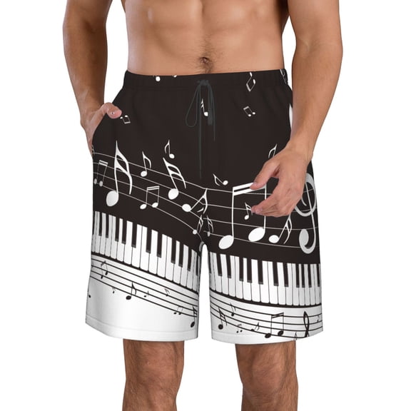 KLL Piano Keys With Musical Notes Men's Casual Summer Beach Shorts Hawaiian Shorts with Pockets-