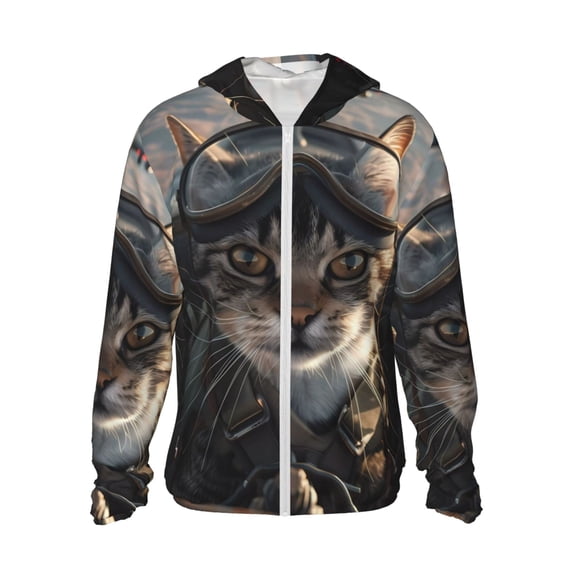KLL Pilot Cat In Vintage Plane Print Men's Women’s UPF 50+ Sun Protection Outdoor Hoodie Jacket Long Sleeve Fishing Hiking Performance Shirt- Large