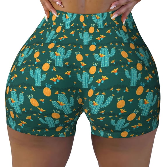 KLL Pineapple And Cactus Pattern Workout Shorts for Women Scrunch Short Gym Yoga Running Sport Active Exercise Fitness Shorts