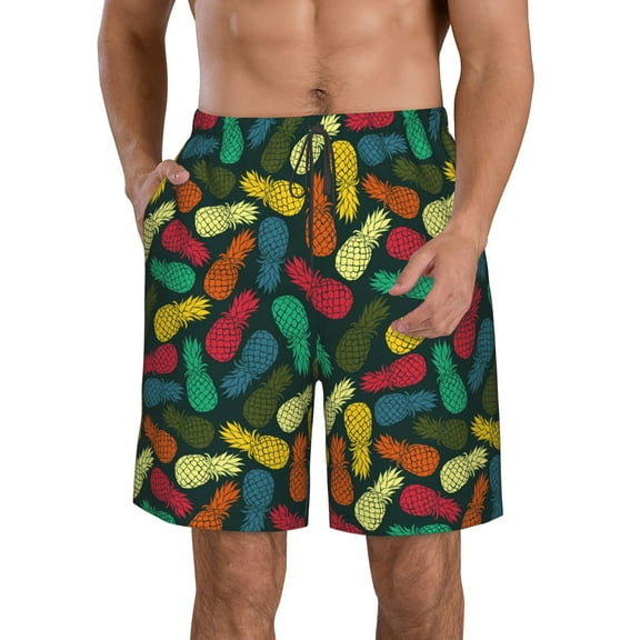 KLL Pineapple Fruit Colorful Men's Casual Summer Beach Shorts Hawaiian Shorts with Pockets-Small
