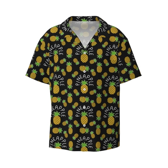 KLL Pineapple Print Men's Shirt Short Sleeve Button Down Summer Cuba Beach Shirts- Large