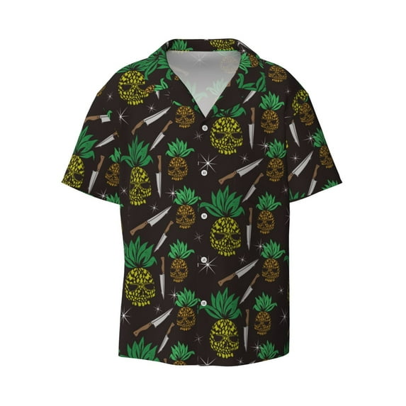 KLL Pineapples Print Men's Shirt Short Sleeve Button Down Summer Cuba Beach Shirts- X-Large