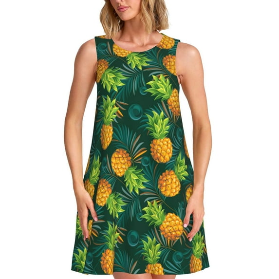 KLL Pineapples with Palm Leaves Pattern Womens Summer Dresses 2025,Loose Round Neck Sleeveless Sundresses Tank Dresses with Pockets
