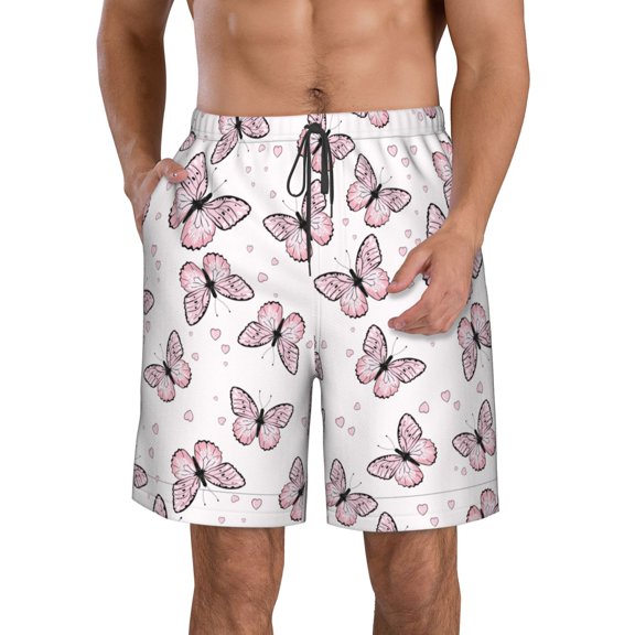 KLL Pink Butterflies (2) Men's Casual Summer Beach Shorts Hawaiian Shorts with Pockets-Medium