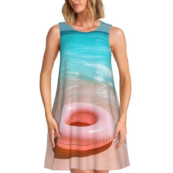 KLL Pink Float Ring On Beach Pattern Womens Summer Dresses 2025,Loose Round Neck Sleeveless Sundresses Tank Dresses with Pockets