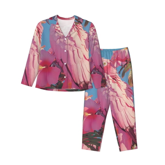 KLL Pink Parrot Tropical Blossoms Print Women's Long Sleeve Pajamas with Pants Sleepwear Loungewear 2 Set-Large