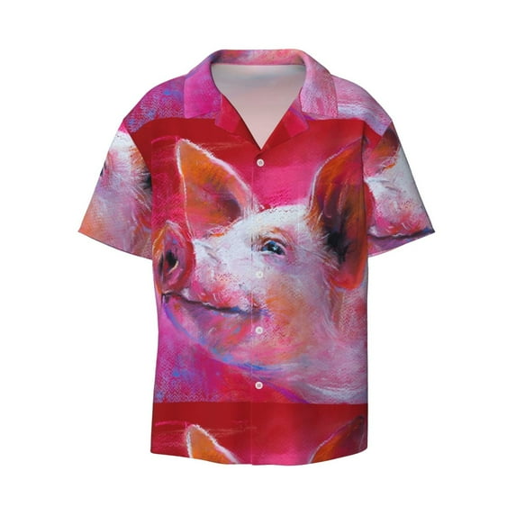 KLL Pink Pig Print Men's Shirt Short Sleeve Button Down Summer Cuba Beach Shirts- 4X-Large
