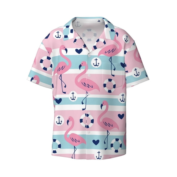 KLL Pink Striped Flamingo Print Men's Shirt Short Sleeve Button Down Summer Cuba Beach Shirts- XX-Large