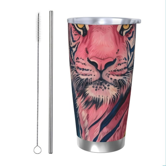 KLL Pink Tiger Gold Leaves Print 40oz Stainless Steel Insulated Car Cup with Spillproof Lid - Keep Your Drink Hot or Cold on the Go-Straw Two-piece Set