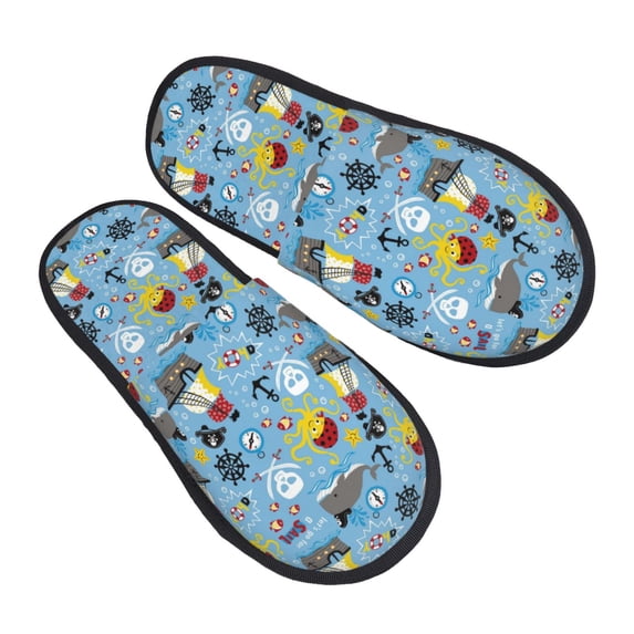 KLL Pirate Marine Animals Slippers for Women Men House Slip on Indoor Outdoor Bedroom Furry Fleece Lined Ladies Comfy Anti-Skid Rubber Hard Sole-Large