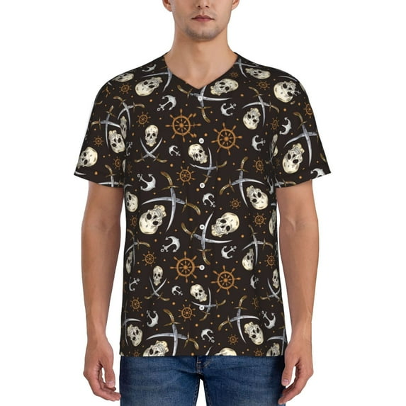 KLL Pirate Skulls for Men's Baseball Shirts,Short Sleeve Casual Shirts Button Down Shirt for Men Beach Summer Wedding Shirt-X-Large