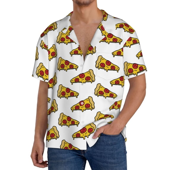 KLL Pizza Print Men's Shirt Short Sleeve Button Down Summer Cuba Beach Shirts- Large