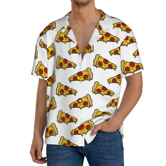 KLL Pizza Print Men's Shirt Short Sleeve Button Down Summer Cuba Beach Shirts- Medium