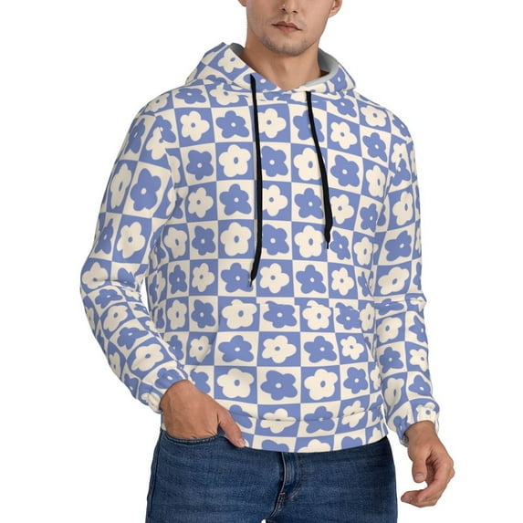 KLL Plaid Flowers Print Mens Hoodie Long Sleeve Casual Pullover Hooded Sweatshirt Fashion Drawstring Hoodies with Pocket-Small
