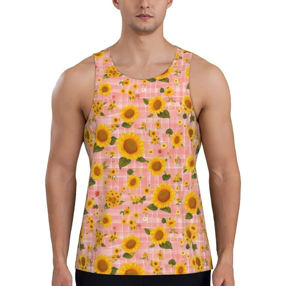 KLL Plaid Sunflower Print Men's Muscle Gym Workout Stringer Tank Tops Bodybuilding Fitness T-Shirts Tank Tops Men-3X-Large